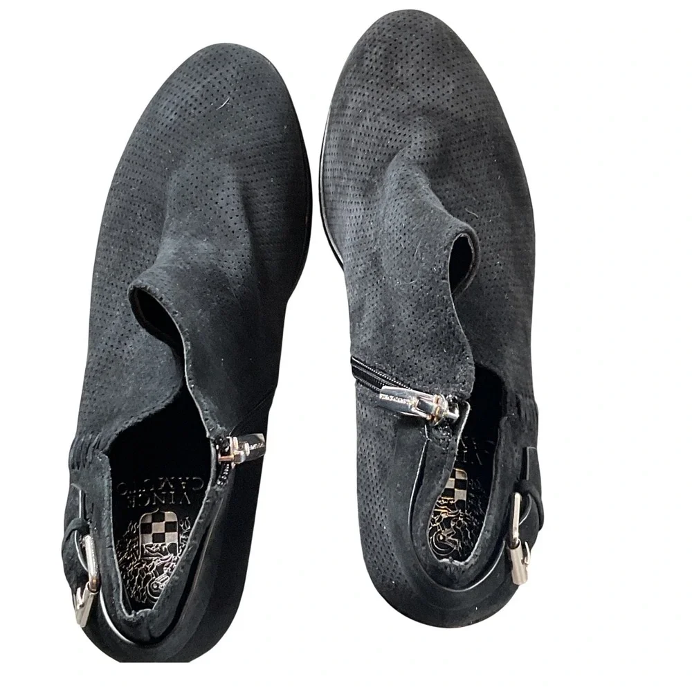 Vince Camuto Parveen Black Suede‎ Perforated Ankle Booties Side Zip Buckle 8M